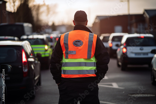 Rearview shot of a traffic warden guiding vehicles outdoors