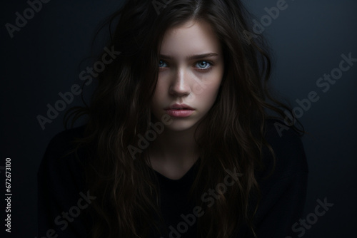 Sad looking girl in front of black background