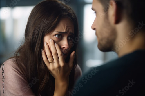 Sad Woman, Couple Arguing, Fighting, Cinematic Rack Focus Switching Between Girlfriend Closeup Portrait and Boyfriend Screaming in Background