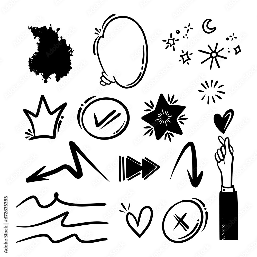 Hand drawn vector collection of diamonds, paper boats, paper boats, question marks, check marks and more.