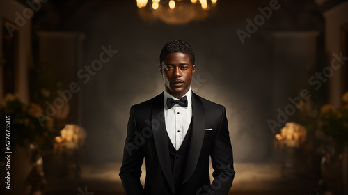 Portrait of handsome african american man in tuxedo photo