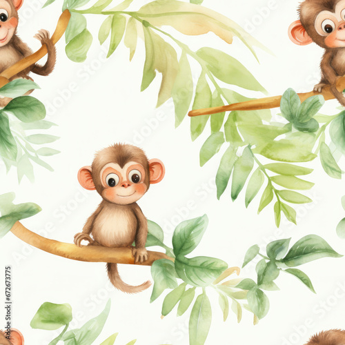 A Watercolor Seamless Pattern of Cute Orangutan Monkeys on Tree Branches with Green Leaves on White Background photo