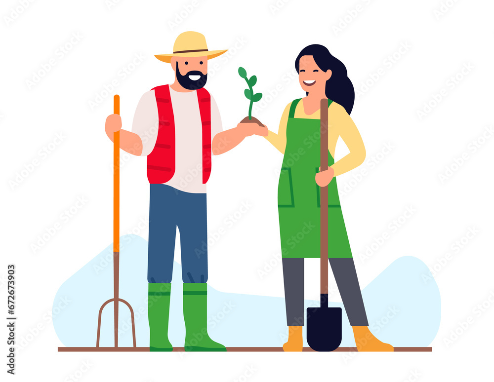Happy farmers holding shoot of young plant. Man and woman with gardening tools. Shovel and rake. People cultivate seedling. Agriculture workers. Gardeners planting sprout. png concept Happy farmers holding shoot of young plant. Man and woman with gardening tools. Shovel and rake. People cultivate seedling. Agriculture workers. Gardeners planting sprout. png concept