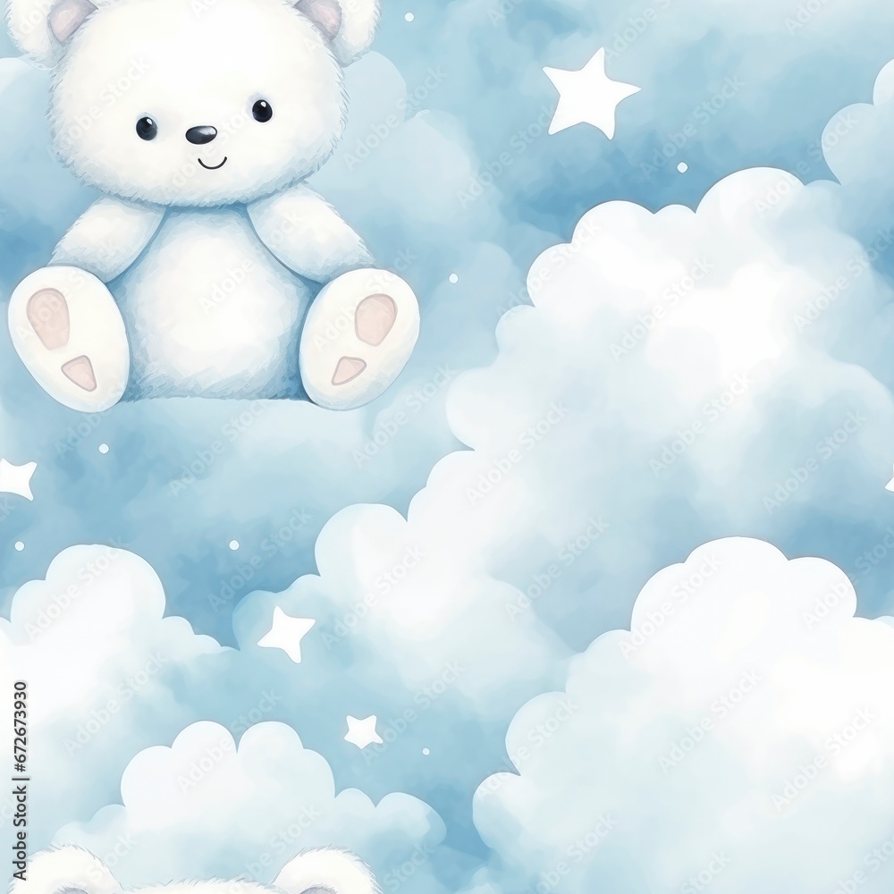 A watercolor seamless pattern of a white teddy bear sitting in the clouds.
A watercolor seamless pattern of a white teddy bear sitting in the clouds.