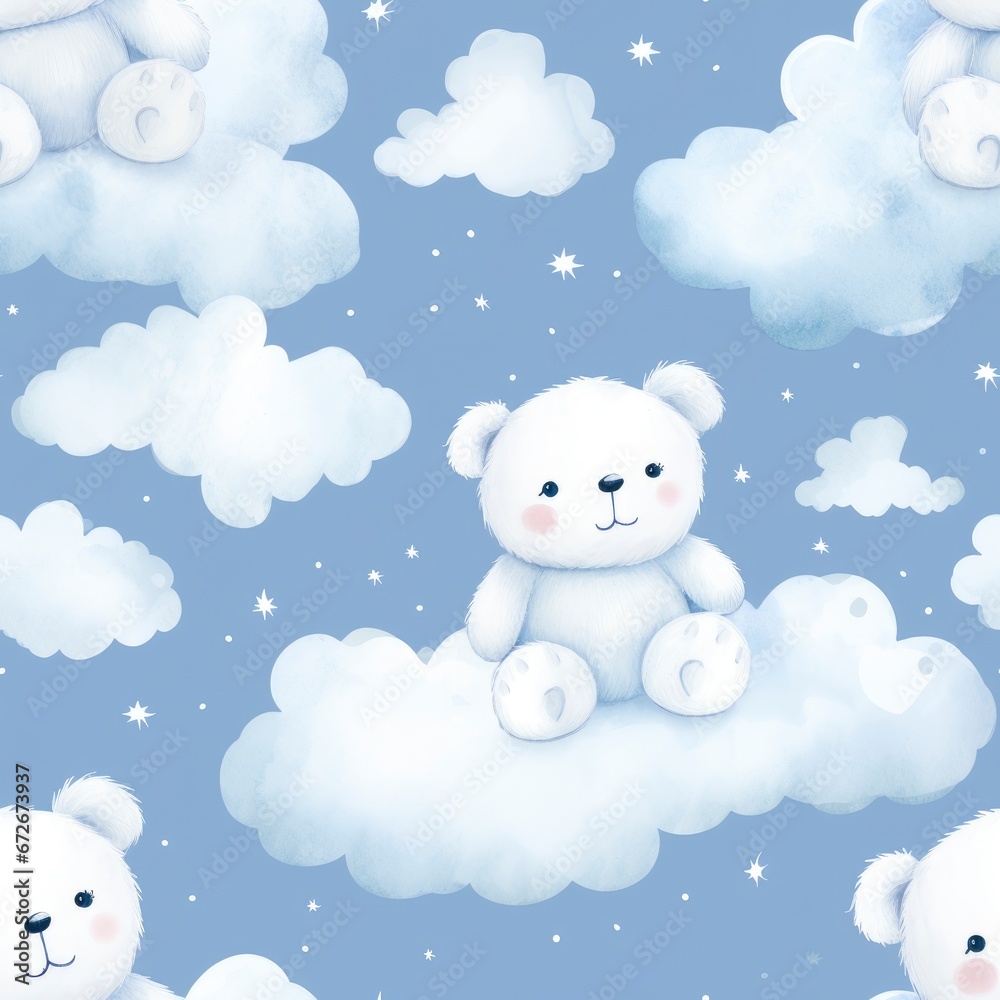 A watercolor seamless pattern of a white teddy bear sitting in the clouds.
A watercolor seamless pattern of a white teddy bear sitting in the clouds.