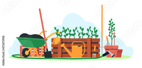 Gardening tools. Farming instruments. Wooden box with seedlings. Plants cultivation. Wheelbarrow and bucket. Agriculture cultivating. Shovel and pitchfork. Watering hose. png concept photo