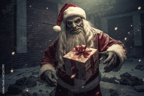 Horror zombie Santa Claus with gift box. Halloween and Christmas concept.