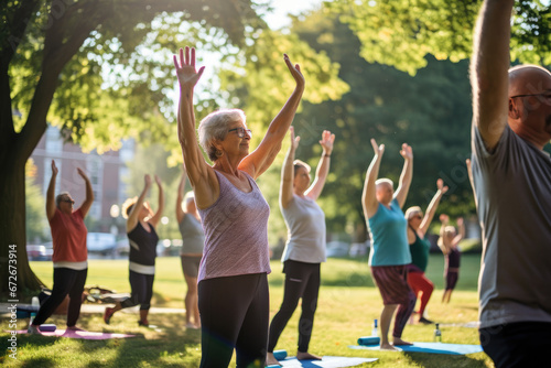 Senior sport enthusiasts exercising during a yoga workout class outdoors at a city park