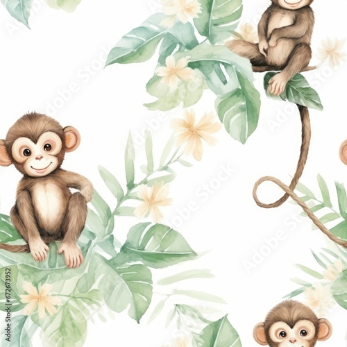 A Watercolor Seamless Pattern of Cute Orangutan Monkeys on Tree Branches with Green Leaves on White Background