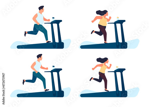 Fat man and woman running on treadmill. People training after losing weight. Gym exercises. Sport for slimming. Health lifestyle. Sportsman workout. Obese or slim body. png concept photo
