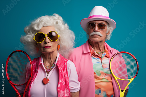 Vintage portrait of couple of retired cool senior, fashionable and crazy elegant hipsters with blue background and colorful clothes with tennis rackets photo