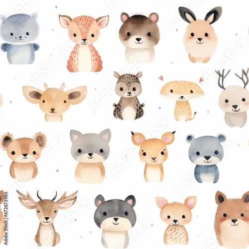 An Adorable Seamless Pattern of Watercolor Animal on Beige Background