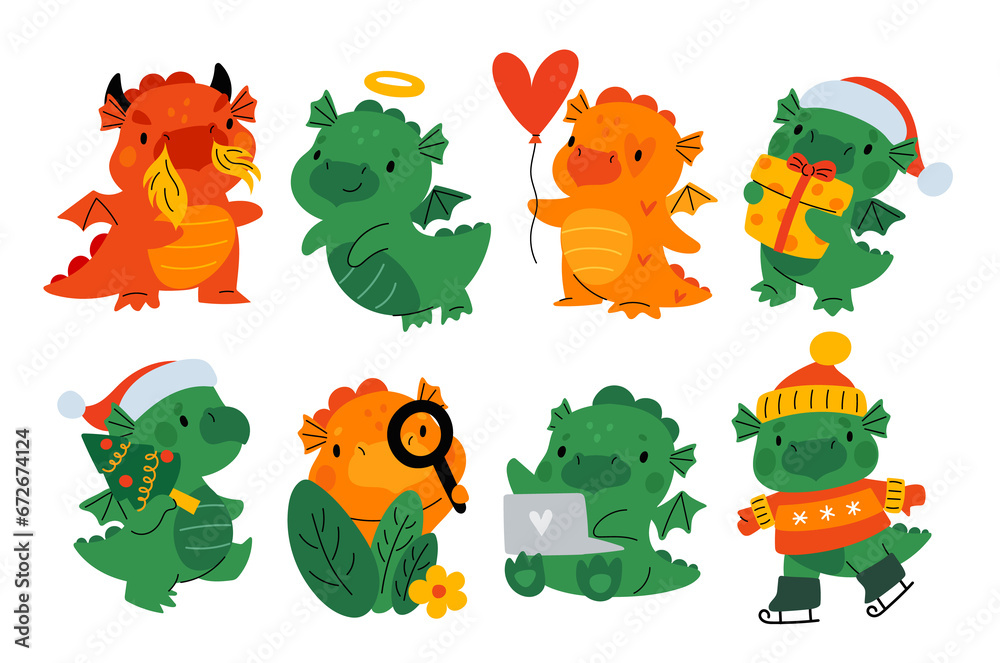 Obraz premium Cartoon dragons characters. Baby mythical animals. Cute New Year mascot. Dinos with gifts in sweaters or hats. Chinese horoscope symbol. Asian animal skiing or searching. Garish png set
