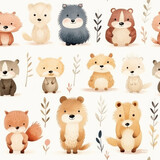 An Adorable Seamless Pattern of Watercolor Animal on Beige Background 