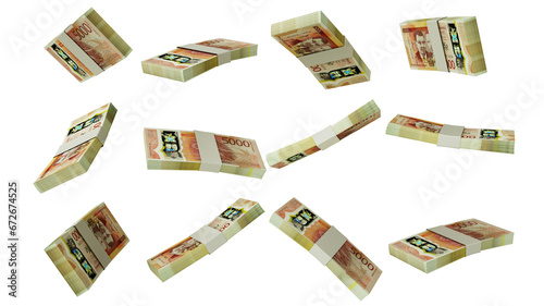 3D rendering of stacks of 5000 Jamaican dollar notes flying in different angles and orientations isolated on transparent background