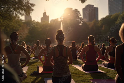 sport enthusiasts exercising during a yoga workout class outdoors at a city park