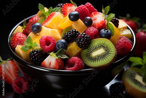 Concept of Healthy desserts. Summer fresh bowl with Fresh Mixed fruit salad. Healthy natural organic food.