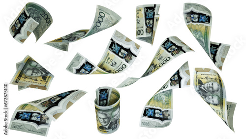 3D rendering of 2000 Jamaican dollar notes flying in different angles and orientations isolated on transparent background
