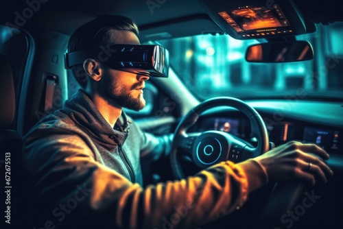 Person using virtual reality glasses headset and looking in 3D VR goggles and playing video game. Cyberspace and metaverse concept