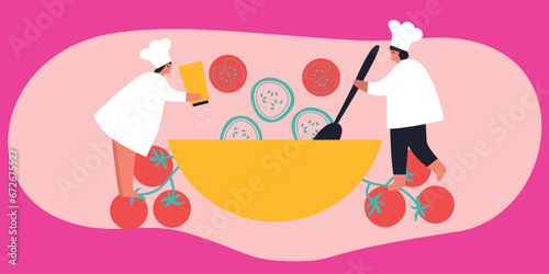 People cooking on kitchen table set vector flat illustration. Collection of various cartoon man, woman, couple and family preparing food. 
