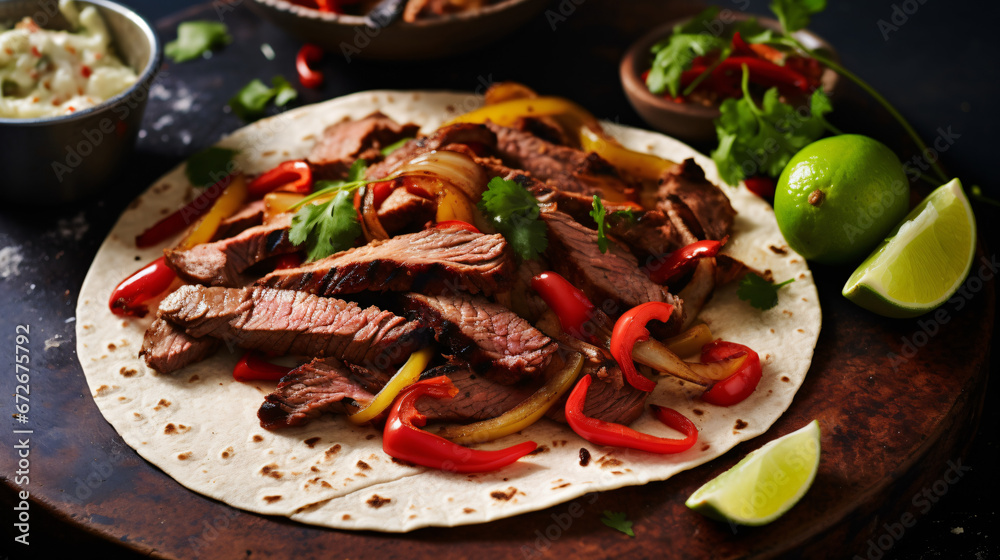 Mexican fajitas with grilled beef and red chilies