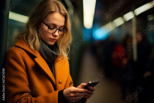 woman on the subway looking at her cell phone
