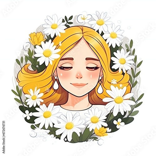 Girl with eyes closed, and Camomile flowers around Herbal hair treatment and care. Concept of health and beauty trends
