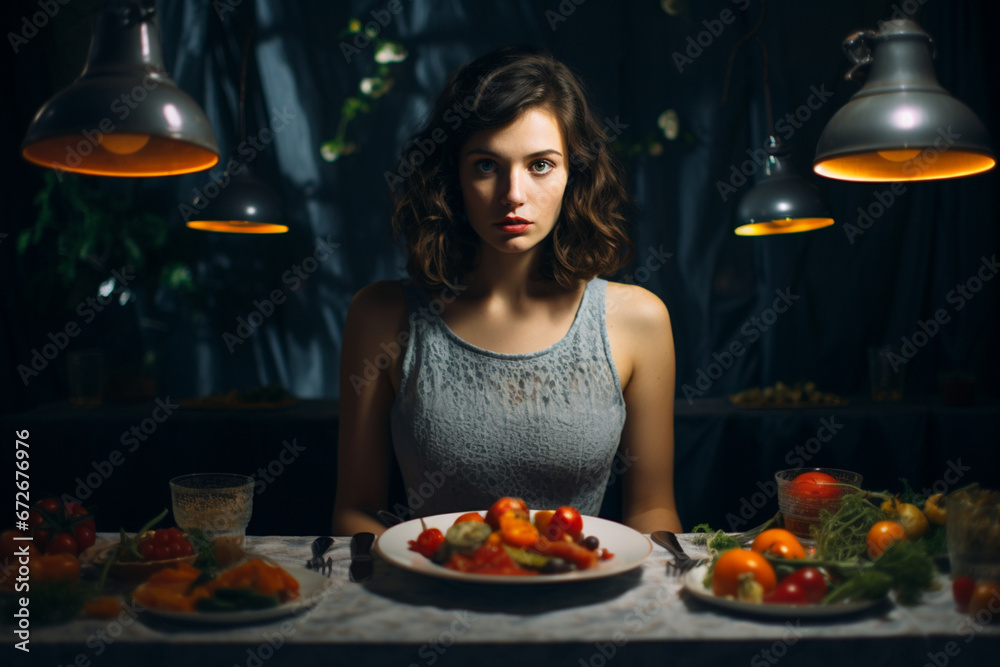 Shot of woman with no appetite in front of the meal