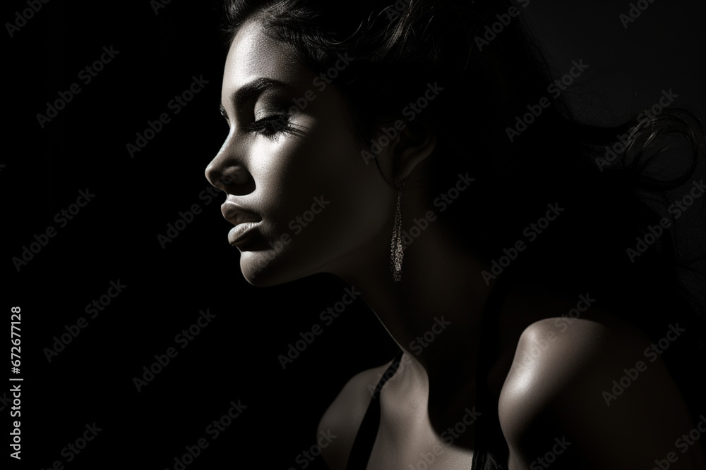 side view of dark portrait of a latin woman on black background, black and white
