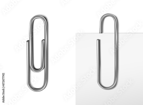 Two 3d realistic vector metal paper clips, with and without paper.