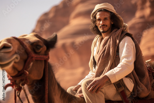 Side view of man in traditional Saudi dish dash, kaffiyeh, and agal sitting astride dromedary camel with red sandstone cliffs in background photo