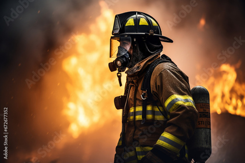 Side view Portrait of a firefighter in full gear operating a fire hose in a smokey area