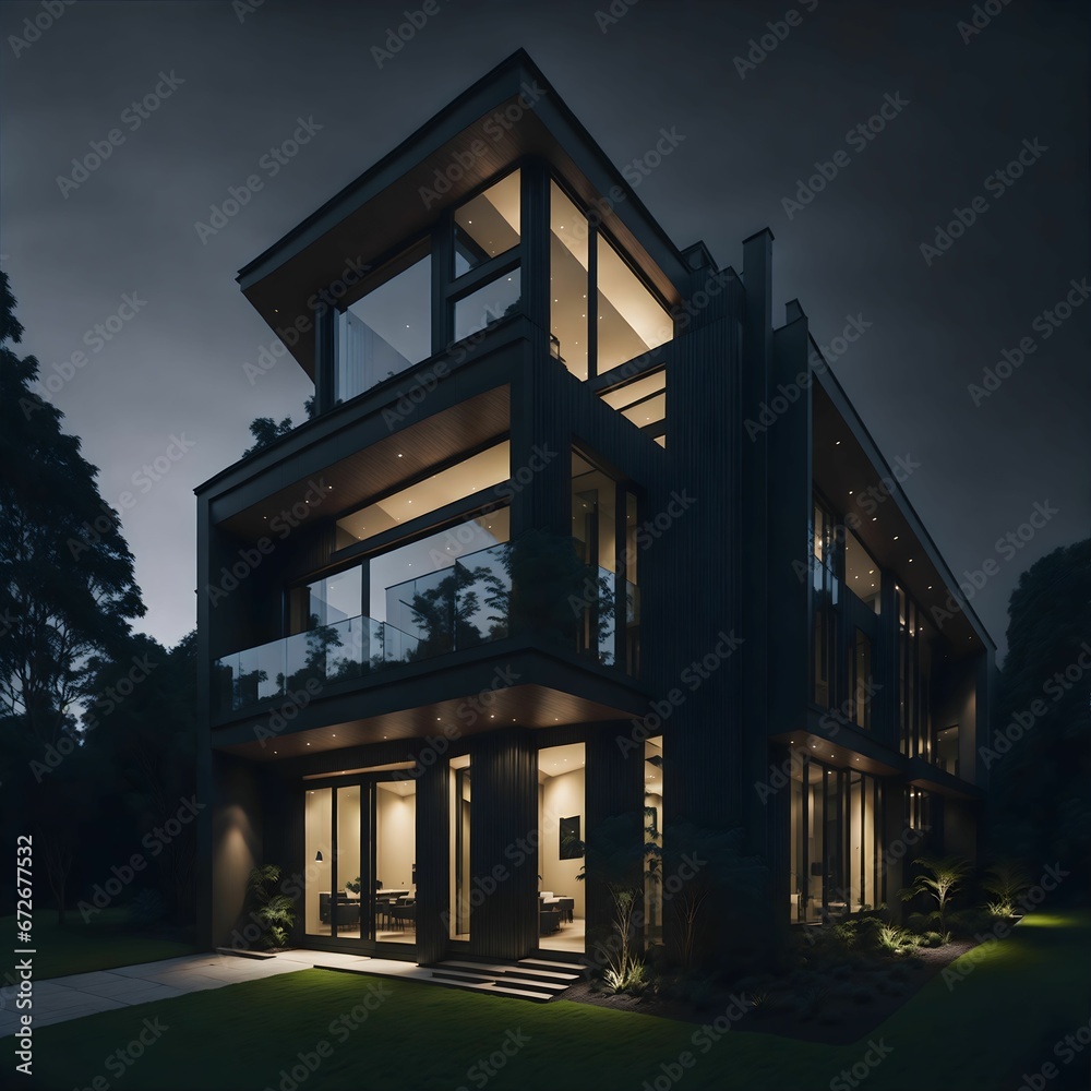 AI generated illustration of a modern house illuminated at night Stock ...