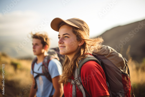 Side view Portrait of teenagers hiking