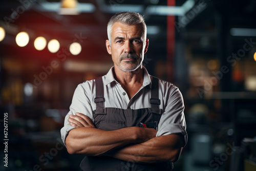 Smart portrait, male senior engineer standing with his arms crossed confidently