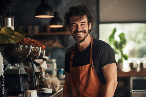 Smiling barista enjoys the aroma of coffee beans in cafeteria