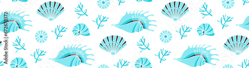 Seamless pattern of underwater sea elements shells, coral, shrimp, anemone, see plants. Sea life elements. Vector illustration