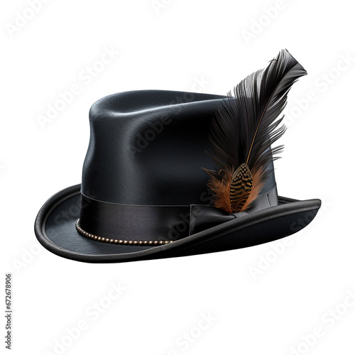 Dapper Bowler Hat with a Feather Isolated on Transparent or White Background, PNG