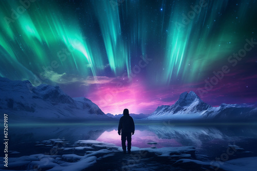 Solo traveler walking in front of an awesome Northern Lights