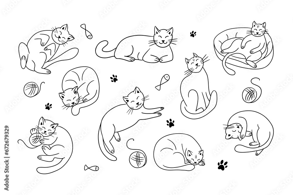Puffy lying outline doodle cats collection. Sketch hand drawn lazy pets with ball of wool and dreaming about fish. Good for coloring pages, stickers, tattoo, pattern Puffy lying outline doodle cats collection. Sketch hand drawn lazy pets with ball of wool and dreaming about fish. Good for coloring pages, stickers, tattoo, pattern
