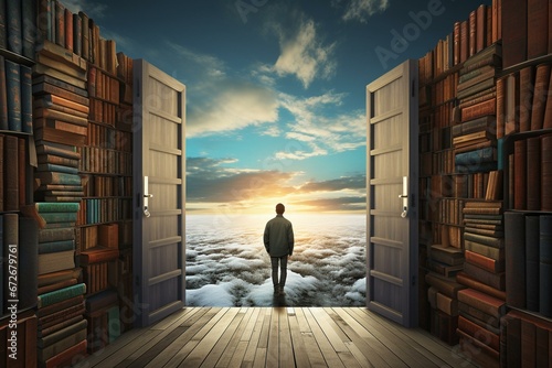 A person explores books and an open education door, leading to new knowledge. Reading, literature, expanding horizon, learning. Generative AI photo