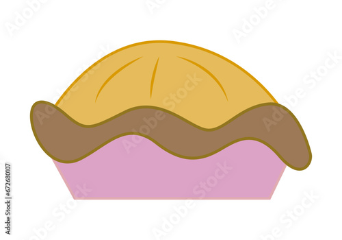 Pastel en recipiente rosa sobre fondo blanco.