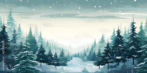 Green pine tree forest in winter with snow at night, background illustration