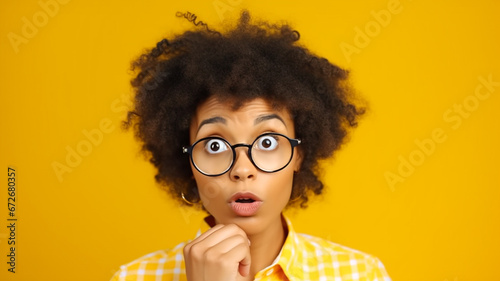 Photo of young funny african american woman brown hair pouty lips unexpected holding specs cant believe her eyes isolated on yellow color background.