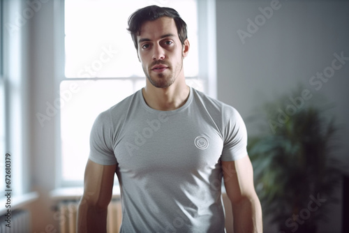 Sweating Muscular Athletic Fit Man in Grey Outfit is Posing After a Workout at Home in His Spacious and Sunny Living Room with Minimalistic Interior © alisaaa