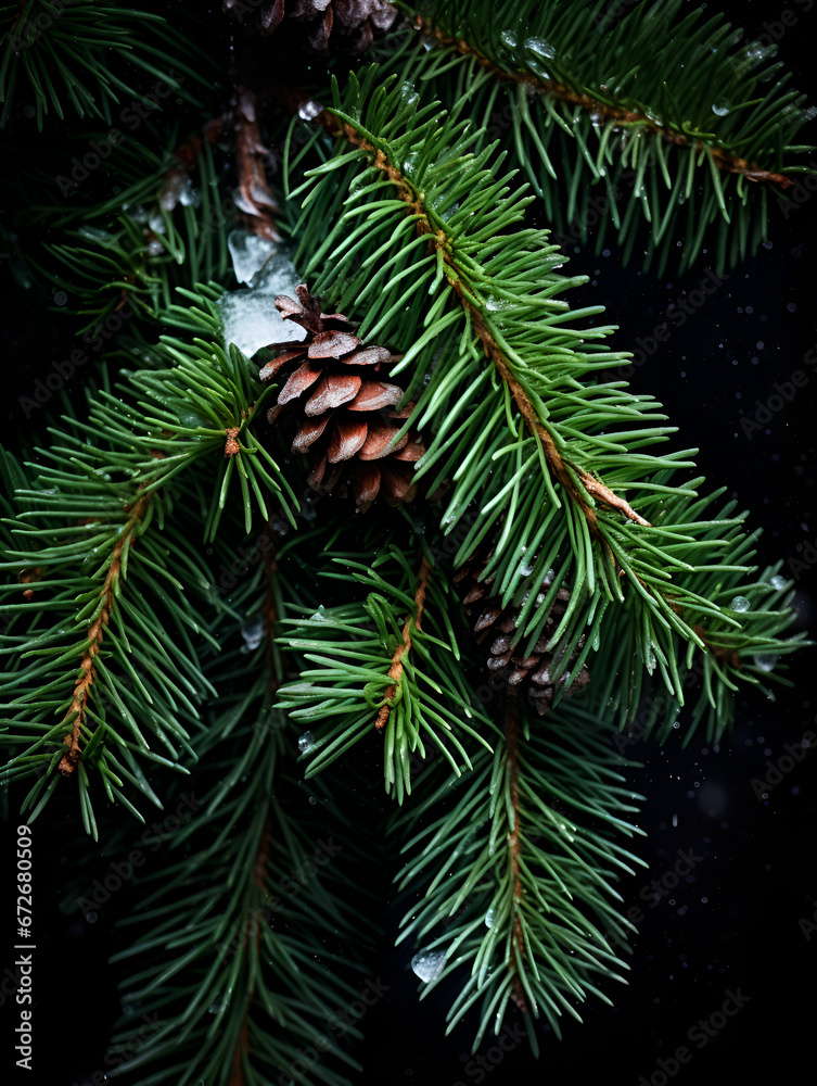 Close up of green pine tree branch with snow and pinecones 