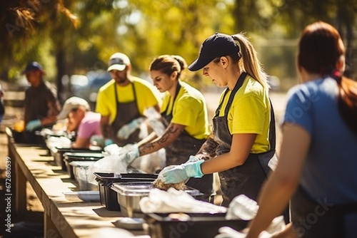 Team of Young Volunteers Helping in a Local Community Food Bank, Preparing Free Meal Rations to Low-Income People in a Park on a Sunny Day, Charity Workers Work in Humanitarian Aid Donation Center