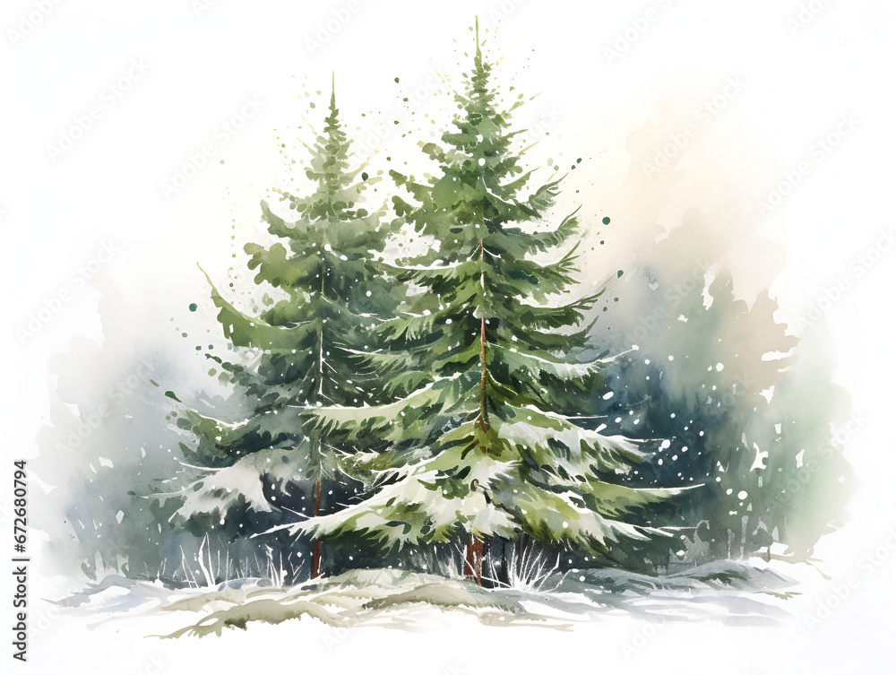 Watercolor smooth green pine tree in the forest. background illustration