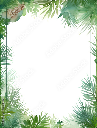 Watercolor green pine frame background with white copy space for text