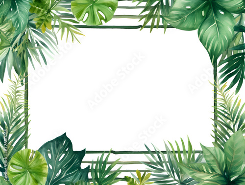 Illustration frame background with green tropical leaves and white copy space inside for text 